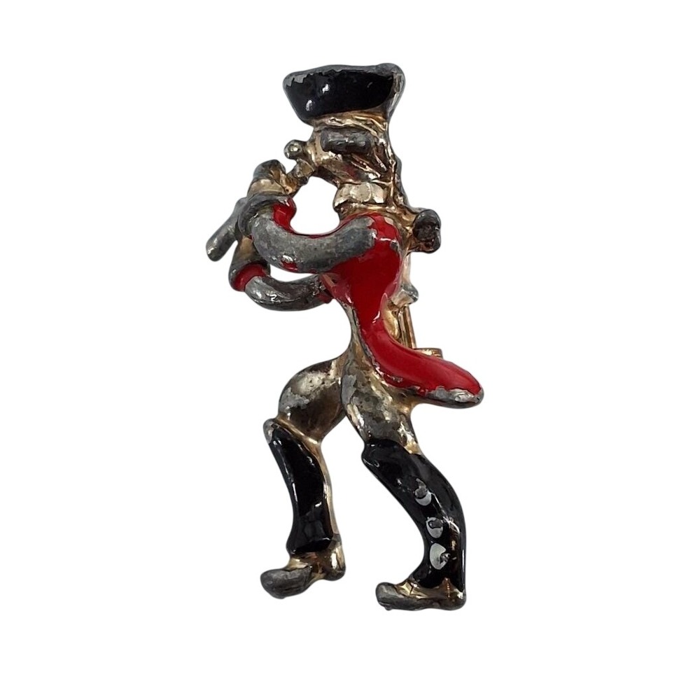 Vintage Fife Player Brooch Red Coat Soldier Figural Enamel Pin Silver Tone 1.5"